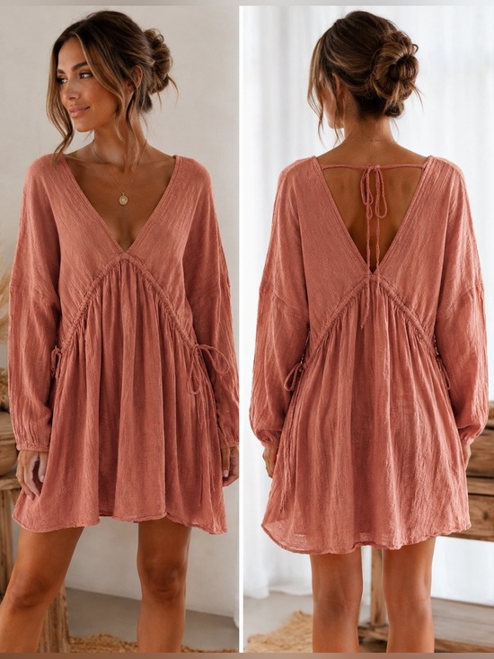 ASOS Dresses & Skirts - ASOS Dusty Rose Boho Mini Dress Size US6/UK10 US Long Sleeve Deep V Tie Back